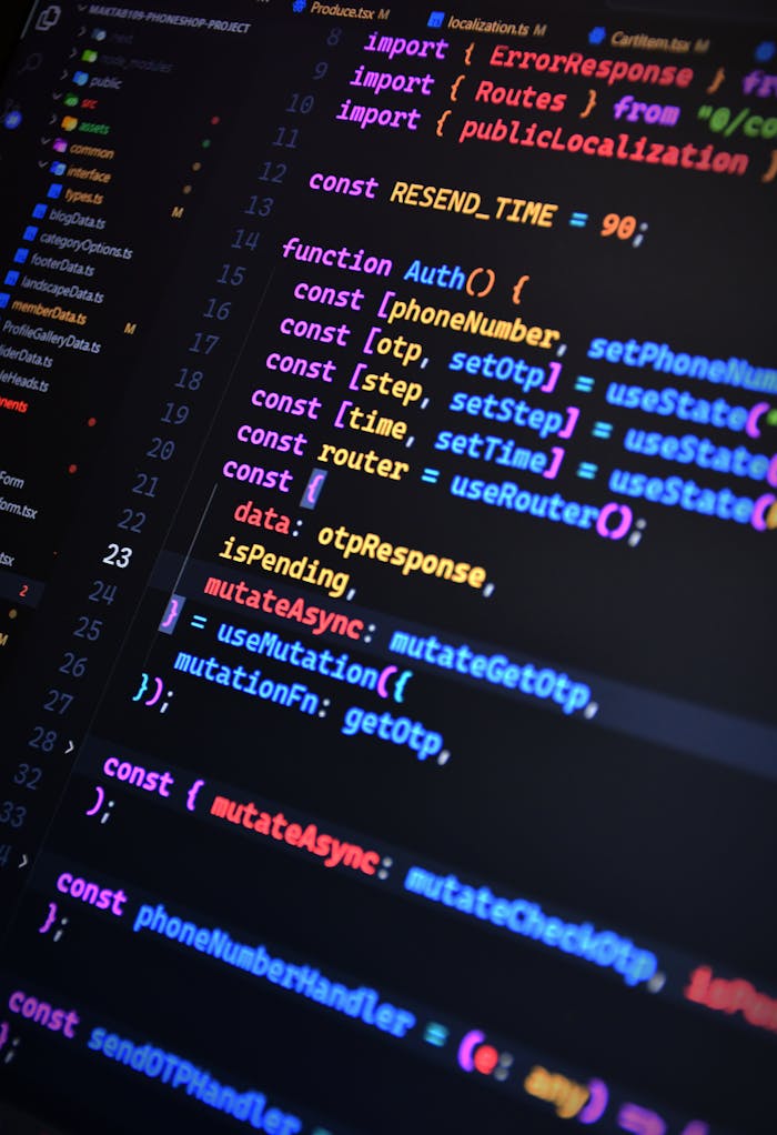 Vibrant JavaScript code on a screen showcasing front-end development with syntax highlighting.